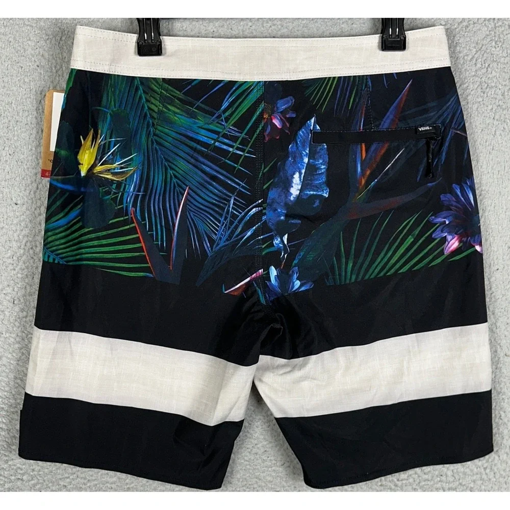 NEW Vans Swim Trunks Mens 32 Black Blue Tropical Floral Striped Board Shorts